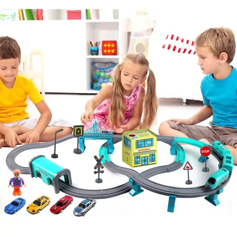 Circuit tren electric City cu accesorii, 92 piese, DIY, +3 ani