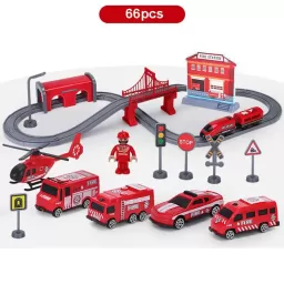 Circuit tren electric Fire Police cu accesorii, 66 piese, DIY, +3 ani