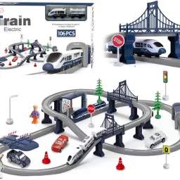 Circuit tren electric rapid, City/Police, 2 locomotive si accesorii, 106 piese, DIY