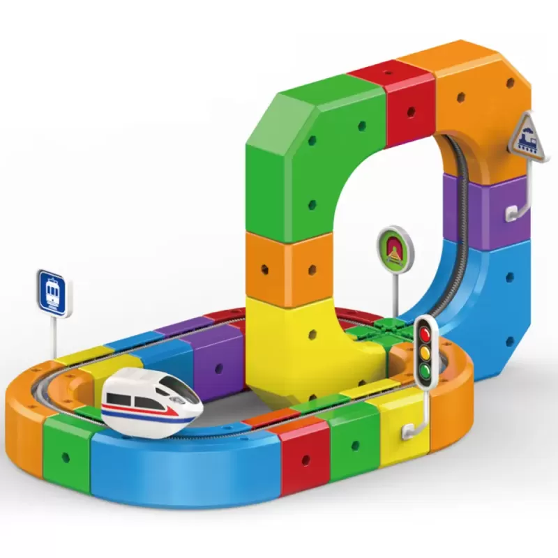 Circuit Trenulet Electric 3D Magnetic – 51 Piese, USB, Lumini | Set Constructie STEM pentru Copii, TR1019