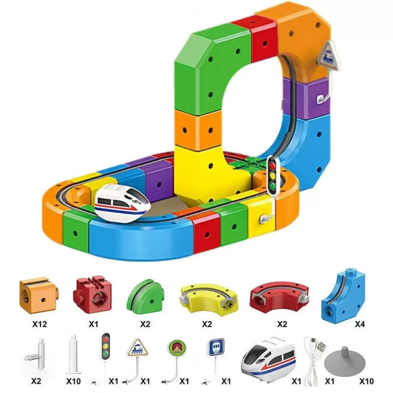 Circuit Trenulet Electric 3D Magnetic – 51 Piese, USB, Lumini | Set Constructie STEM pentru Copii, TR1019