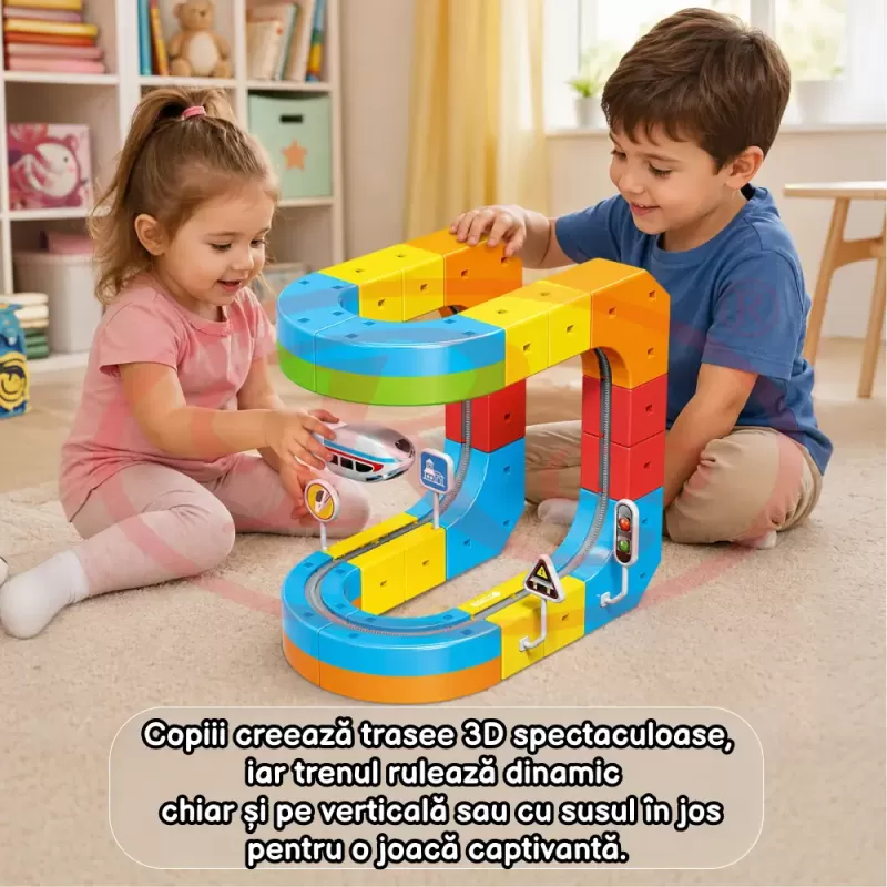 Circuit Trenulet Electric 3D Magnetic – 51 Piese, USB, Lumini | Set Constructie STEM pentru Copii, TR1019