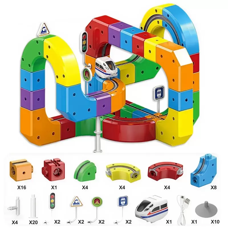 Circuit Trenulet Electric 3D Magnetic – 81 Piese, USB, Lumini | Set Constructie STEM pentru Copii, TR1020