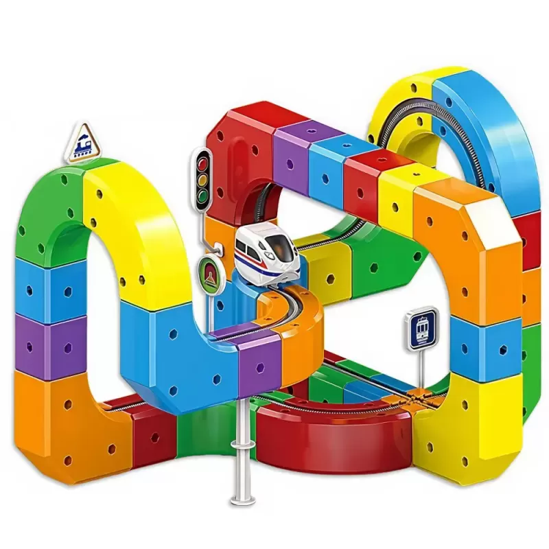 Circuit Trenulet Electric 3D Magnetic – 81 Piese, USB, Lumini | Set Constructie STEM pentru Copii, TR1020