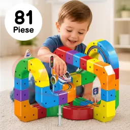 Circuit Trenulet Electric 3D Magnetic – 81 Piese, USB, Lumini | Set Constructie STEM pentru Copii, TR1020