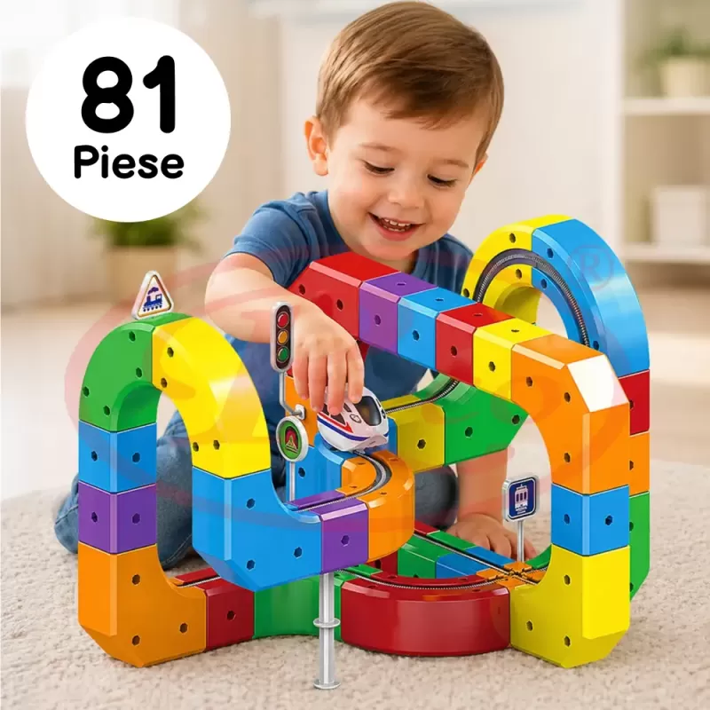 Circuit Trenulet Electric 3D Magnetic – 81 Piese, USB, Lumini | Set Constructie STEM pentru Copii, TR1020