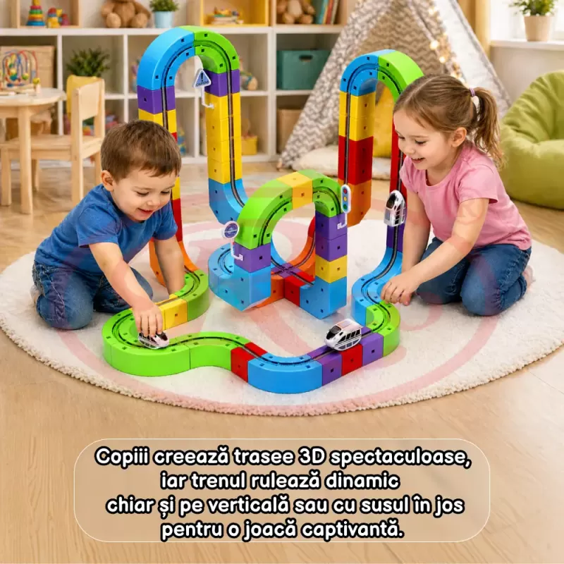 Circuit Trenulet Electric 3D Magnetic – 81 Piese, USB, Lumini | Set Constructie STEM pentru Copii, TR1020