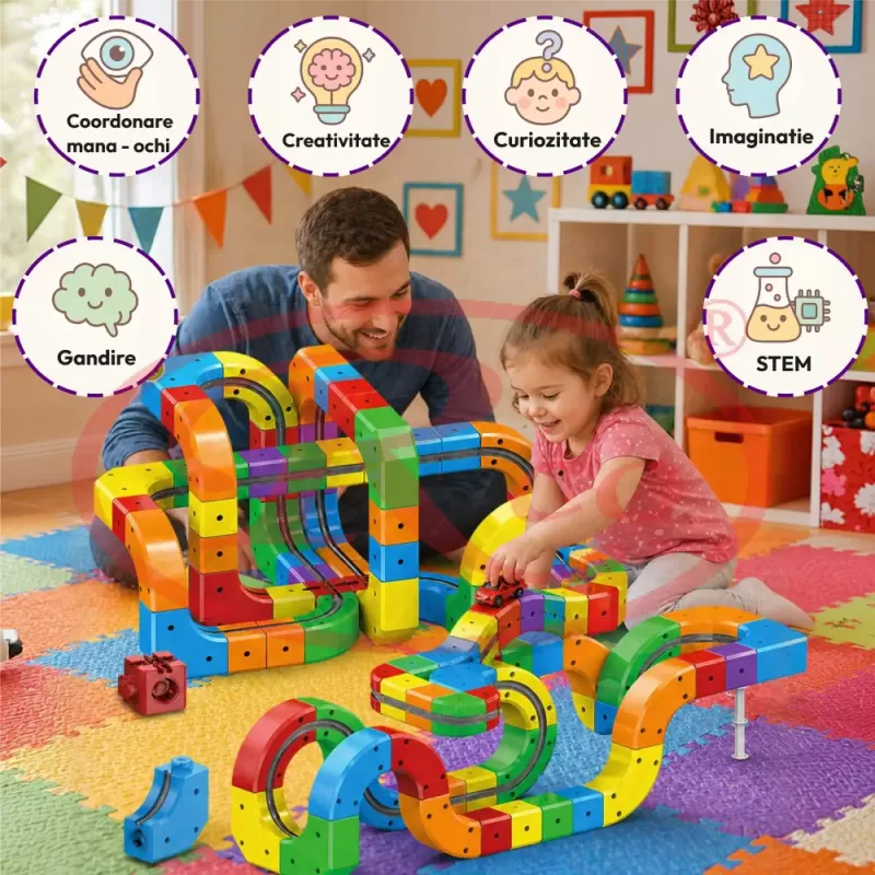 Circuit Trenulet Electric 3D Magnetic – 81 Piese, USB, Lumini | Set Constructie STEM pentru Copii, TR1020