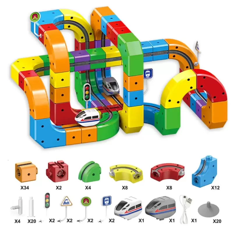 Circuit Trenulet Electric 3D Magnetic – 123 Piese, USB, Lumini | Set Constructie STEM pentru Copii, TR1021
