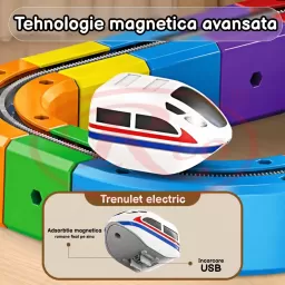 Circuit Trenulet Electric 3D Magnetic – 123 Piese, USB, Lumini | Set Constructie STEM pentru Copii, TR1021