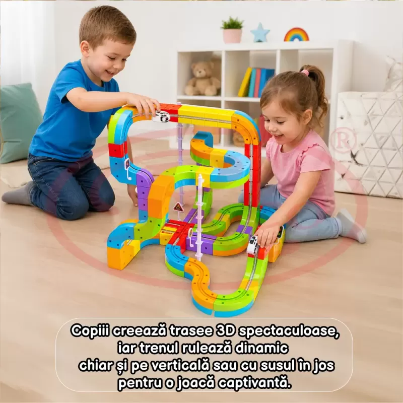 Circuit Trenulet Electric 3D Magnetic – 123 Piese, USB, Lumini | Set Constructie STEM pentru Copii, TR1021