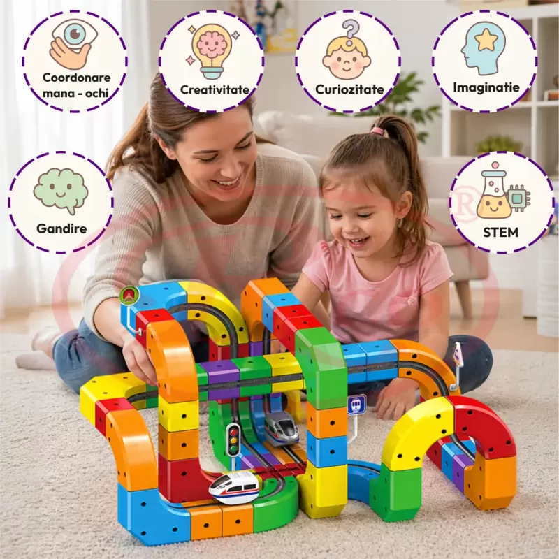 Circuit Trenulet Electric 3D Magnetic – 123 Piese, USB, Lumini | Set Constructie STEM pentru Copii, TR1021