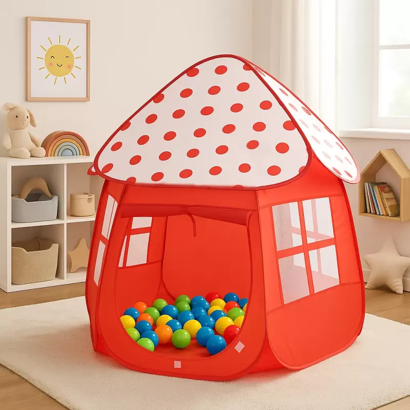 Cort de joaca pentru copii in forma de ciupercuta, rosu, pop-up, 86x86x110 cm