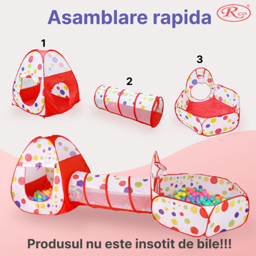 Set Cort de joaca RCO, 3 in 1 pentru copii, Cort, Tunel, Tarc si Piscina cu mini cos de basket, Pop Up