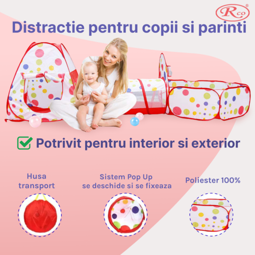 Set Cort de joaca RCO, 3 in 1 pentru copii, Cort, Tunel, Tarc si Piscina cu mini cos de basket, Pop Up