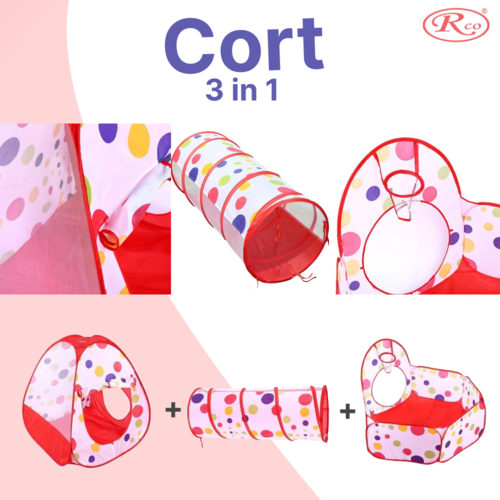 Set Cort de joaca RCO, 3 in 1 pentru copii, Cort, Tunel, Tarc si Piscina cu mini cos de basket, Pop Up