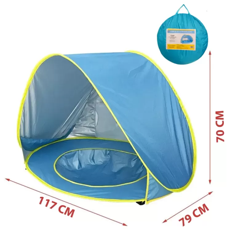 Cort Plaja Pentru Copii Cu Mini Piscina, Protectie Solara, Pop Up, Bleu, 117x79x70cm