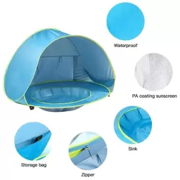 Cort Pop-Up pentru copii RCO cu mini piscina, protectie UV 50, husa transport, 117 x 79 x 70 cm, bleu