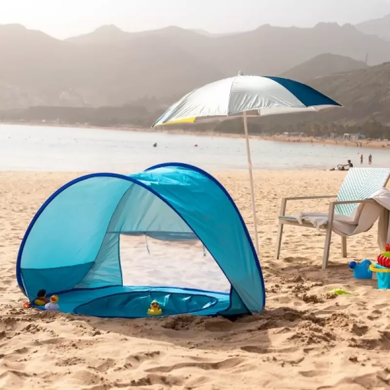Cort Plaja Pentru Copii Cu Mini Piscina, Protectie Solara, Pop Up, Bleu, 117x79x70cm