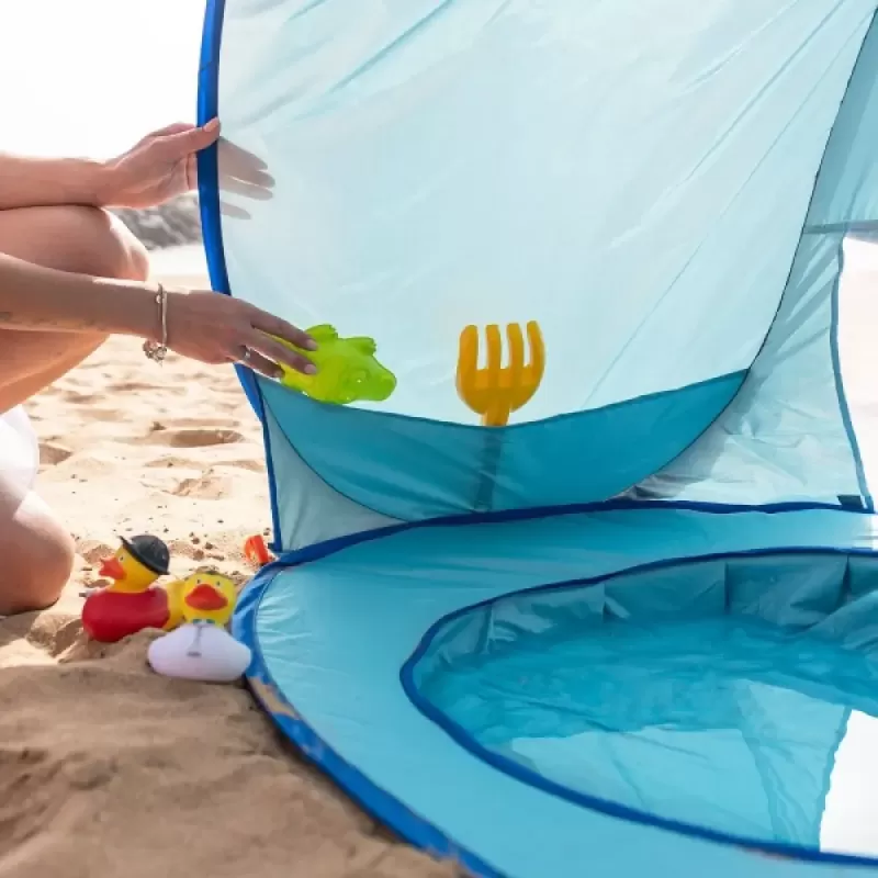 Cort Plaja Pentru Copii Cu Mini Piscina, Protectie Solara, Pop Up, Bleu, 117x79x70cm