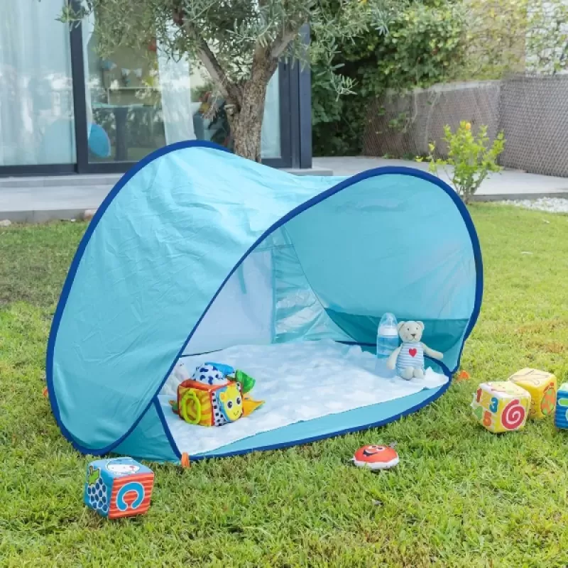Cort Plaja Pentru Copii Cu Mini Piscina, Protectie Solara, Pop Up, Bleu, 117x79x70cm