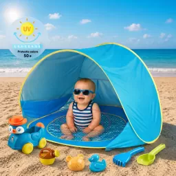 Cort Plaja Pentru Copii Cu Mini Piscina, Protectie Solara, Pop Up, Bleu, 117x79x70cm