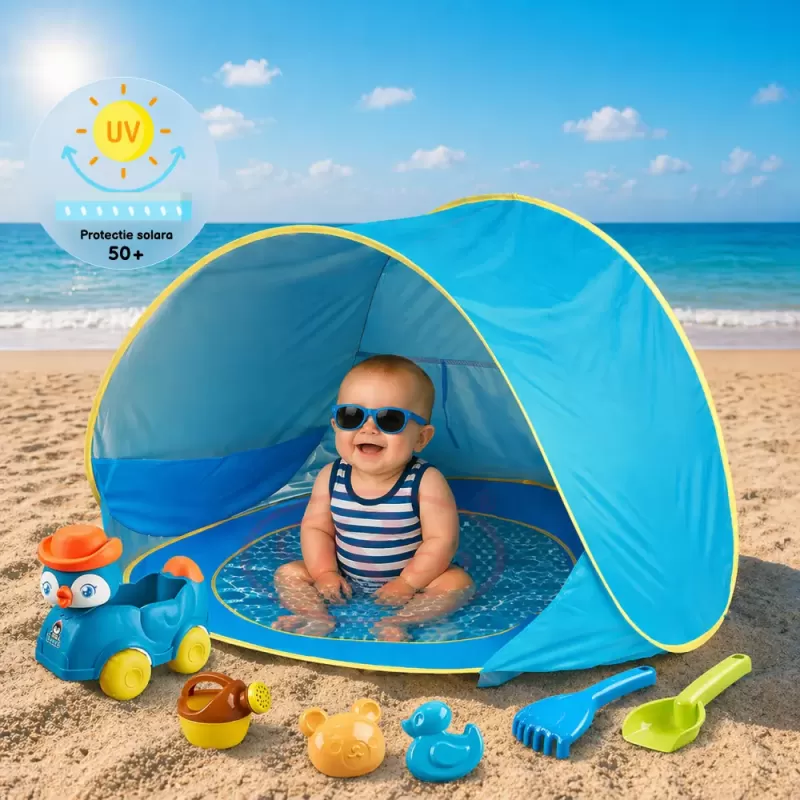 Cort Plaja Pentru Copii Cu Mini Piscina, Protectie Solara, Pop Up, Bleu, 117x79x70cm