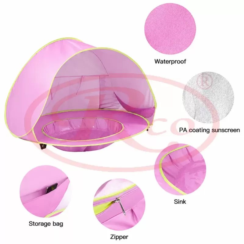 Cort Plaja Pentru Copii Cu Mini Piscina, Protectie Solara, Pop Up, Pink, 117x79x70cm