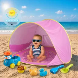 Cort Plaja Pentru Copii Cu Mini Piscina, Protectie Solara, Pop Up, Pink, 117x79x70cm