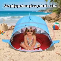 Cort Plaja Pentru Copii Cu Mini Piscina, Protectie Solara, Pop Up, Blue Shark, 120x83x70cm