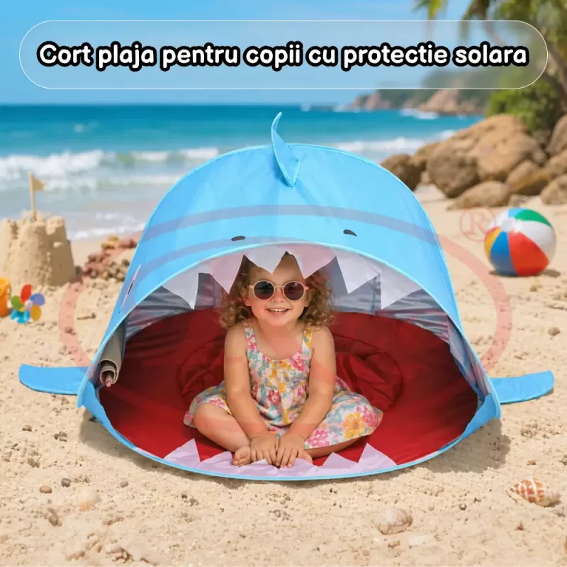 Cort Plaja Pentru Copii Cu Mini Piscina, Protectie Solara, Pop Up, Blue Shark, 120x83x70cm