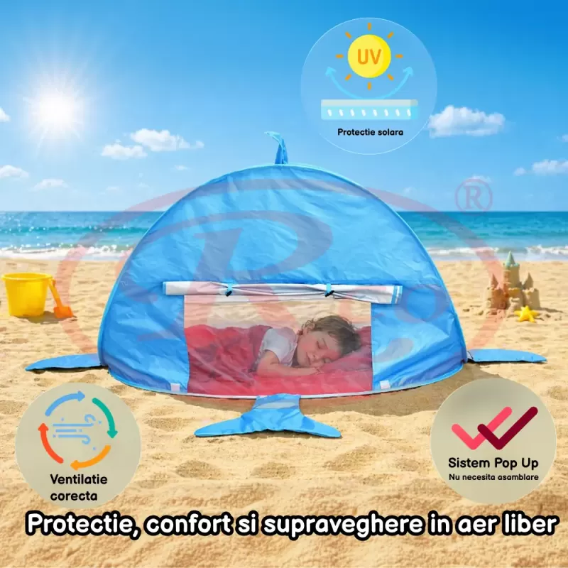 Cort Plaja Pentru Copii Cu Mini Piscina, Protectie Solara, Pop Up, Blue Shark, 120x83x70cm