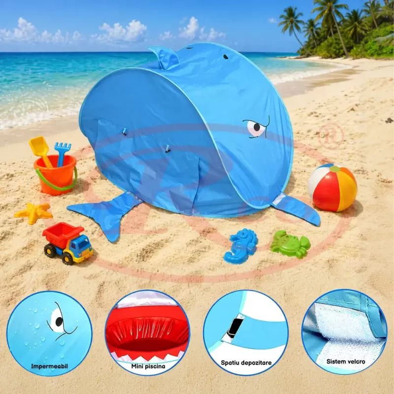 Cort Plaja Pentru Copii Cu Mini Piscina, Protectie Solara, Pop Up, Blue Shark, 120x83x70cm