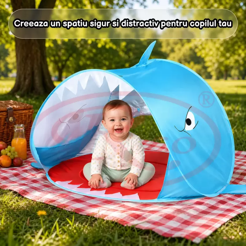 Cort Plaja Pentru Copii Cu Mini Piscina, Protectie Solara, Pop Up, Blue Shark, 120x83x70cm