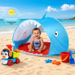 Cort Plaja Pentru Copii Cu Mini Piscina, Protectie Solara, Pop Up, Blue Shark, 120x83x70cm