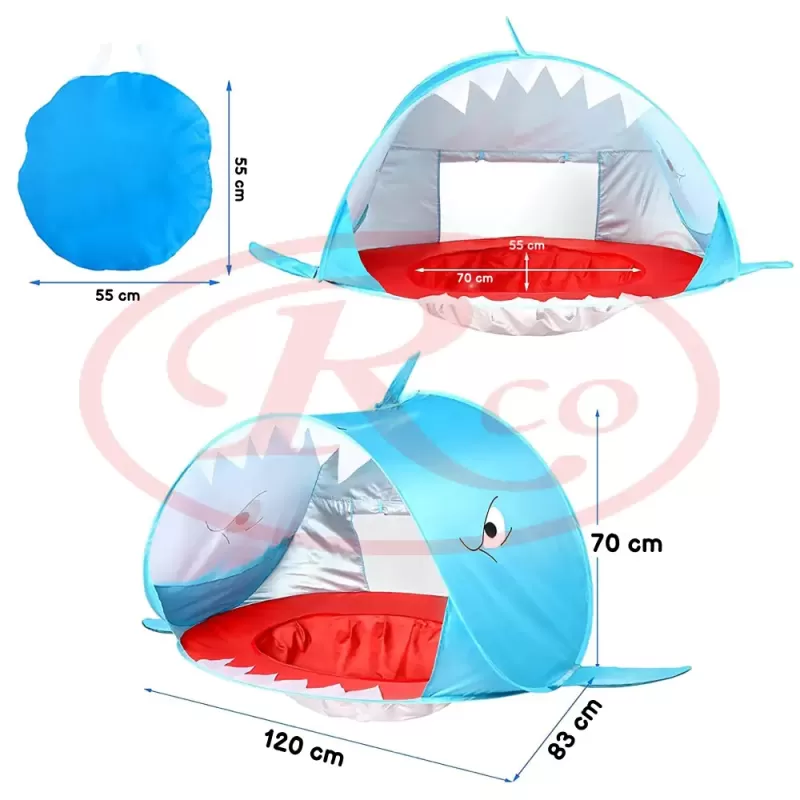 Cort Plaja Pentru Copii Cu Mini Piscina, Protectie Solara, Pop Up, Blue Shark, 120x83x70cm