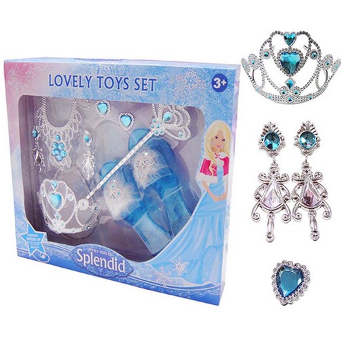 Set Tiara cu bagheta magica, papucei, colier, cercei si inele, din plastic, pentru printese, 7 piese