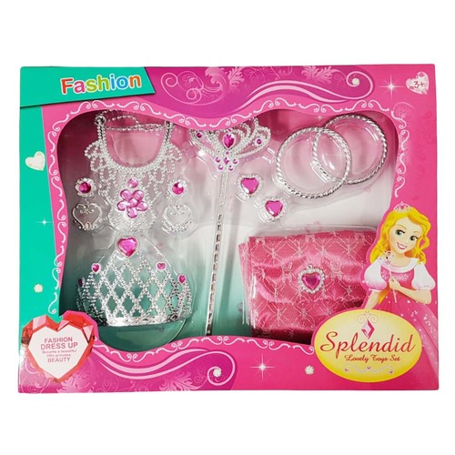 Set Tiara cu bagheta magica, colier, bratari, posetuta cercei si inele, din plastic, pentru printese, 9 piese