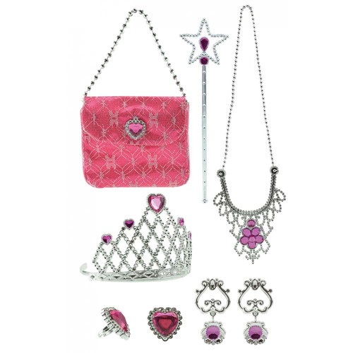 Set Tiara cu bagheta magica, colier, bratari, posetuta cercei si inele, din plastic, pentru printese, 9 piese