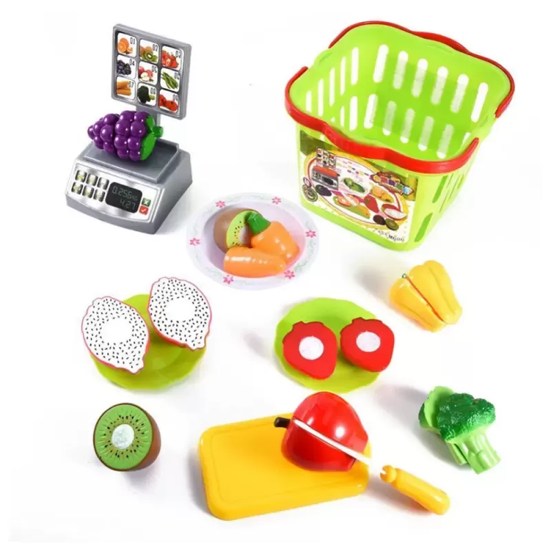 Set jucarii pentru copii cos cu fructe si legume de taiat, Super Market,15 piese