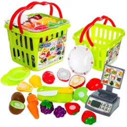 Set jucarii pentru copii cos cu fructe si legume de taiat, Super Market,15 piese
