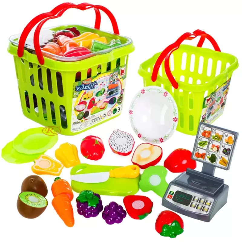Set jucarii pentru copii cos cu fructe si legume de taiat, Super Market,15 piese