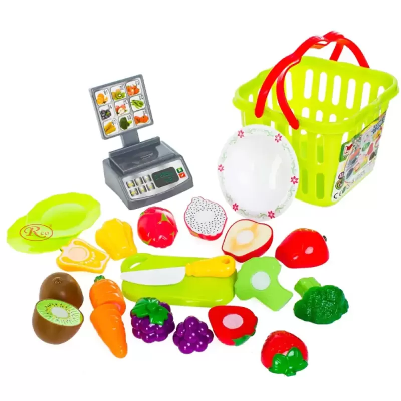 Set jucarii pentru copii cos cu fructe si legume de taiat, Super Market,15 piese