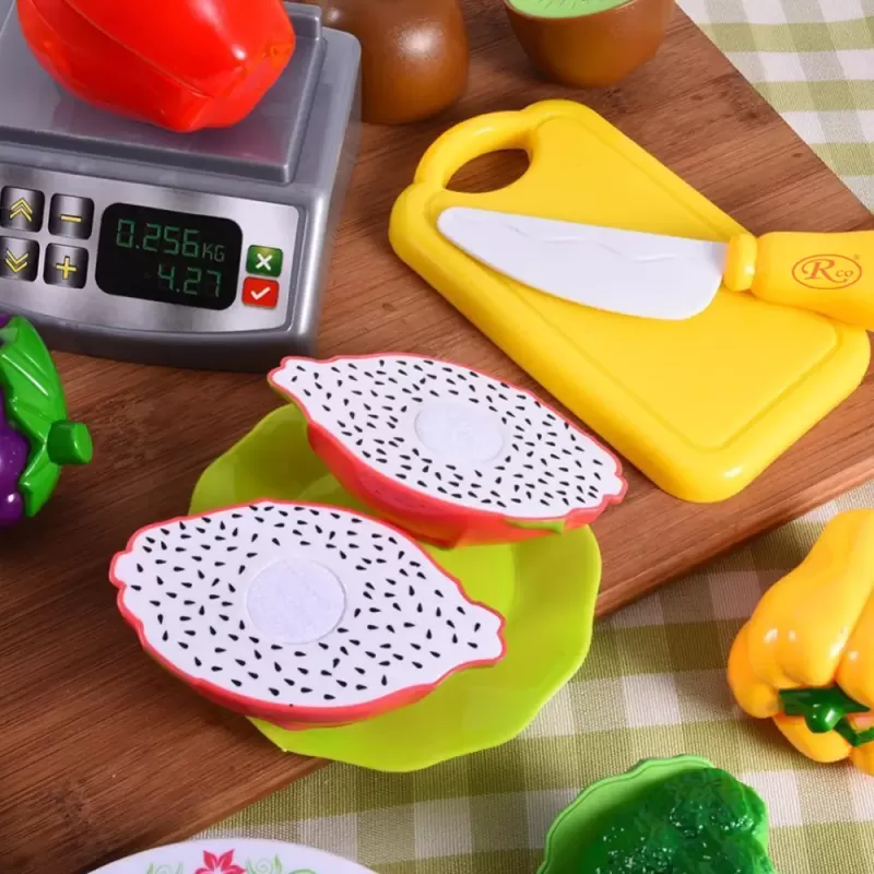 Set jucarii pentru copii cos cu fructe si legume de taiat, Super Market,15 piese