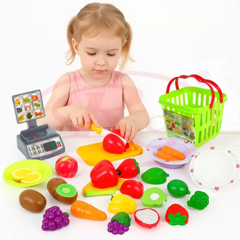 Set jucarii pentru copii cos cu fructe si legume de taiat, Super Market,15 piese