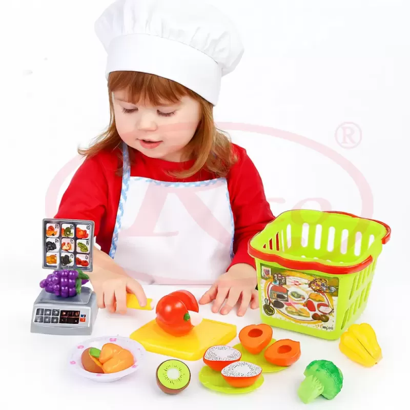 Set jucarii pentru copii cos cu fructe si legume de taiat, Super Market,15 piese