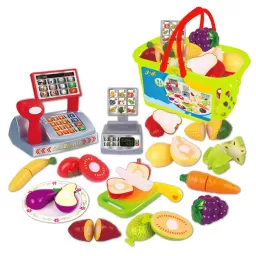 Set jucarii pentru copii cos cu fructe si legume de taiat, Super Market, 18 piese
