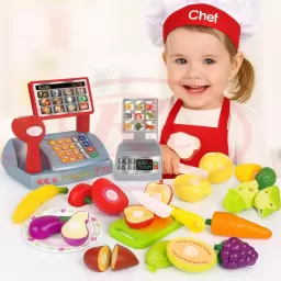 Set jucarii pentru copii cos cu fructe si legume de taiat, Super Market, 18 piese