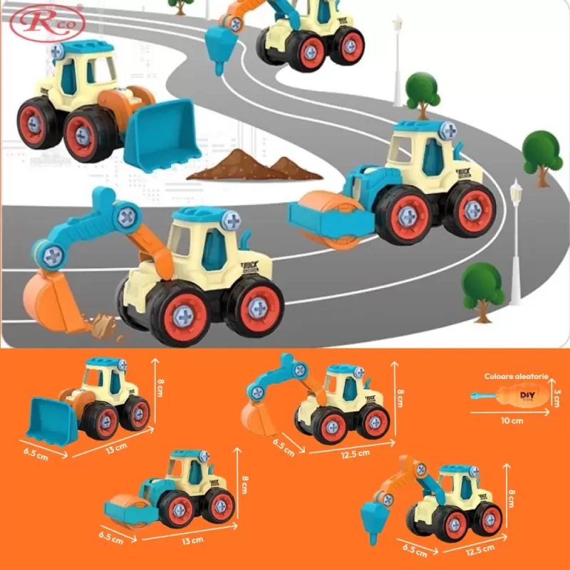 Set 4 utilaje demontabile de constructie + surubelnita, 106 piese, jucarie DIY educationala 