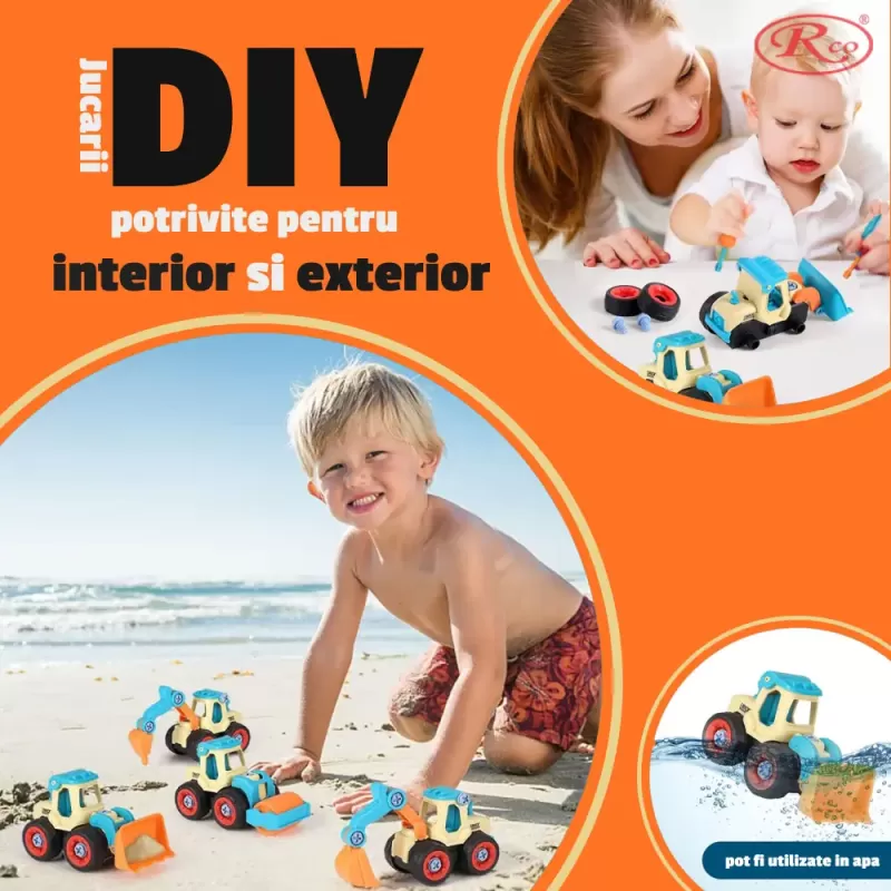 Set 4 utilaje demontabile de constructie + surubelnita, 106 piese, jucarie DIY educationala 